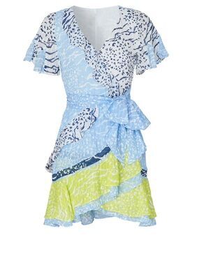Tanya Taylor Light Blue and Lime Mixed-Print Ruffle Wrap Mini Dress